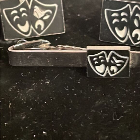 Vintage MCM Shakespeare comedy/tragedy theater masks tie bar & cuff links - Picture 5 of 11